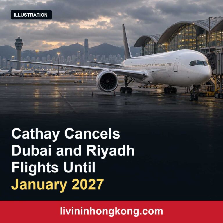 Illustration of an aircraft at an airport with the headline Cathay Cancels Dubai and Riyadh Flights Until January 2027