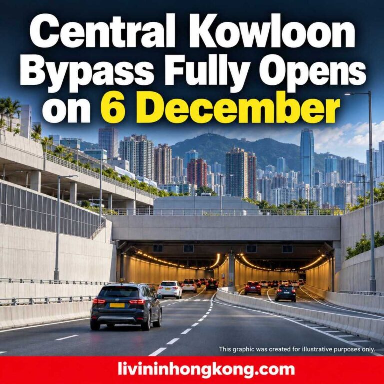 Illustrative graphic of a Hong Kong road tunnel, with the headline Central Kowloon Bypass Fully Opens on 6 December.