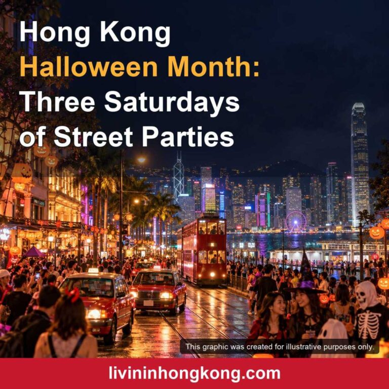 Illustrative Hong Kong Halloween street scene with the article headline and Livininhongkong branding