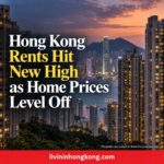 Illustrative Hong Kong residential skyline with headline: Hong Kong Rents Hit New High as Home Prices Level Off