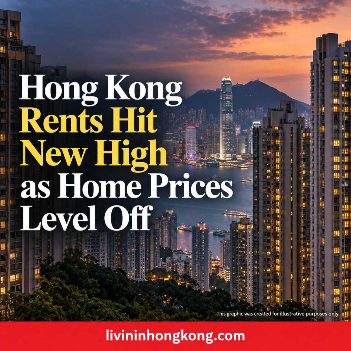 Illustrative Hong Kong residential skyline with headline: Hong Kong Rents Hit New High as Home Prices Level Off