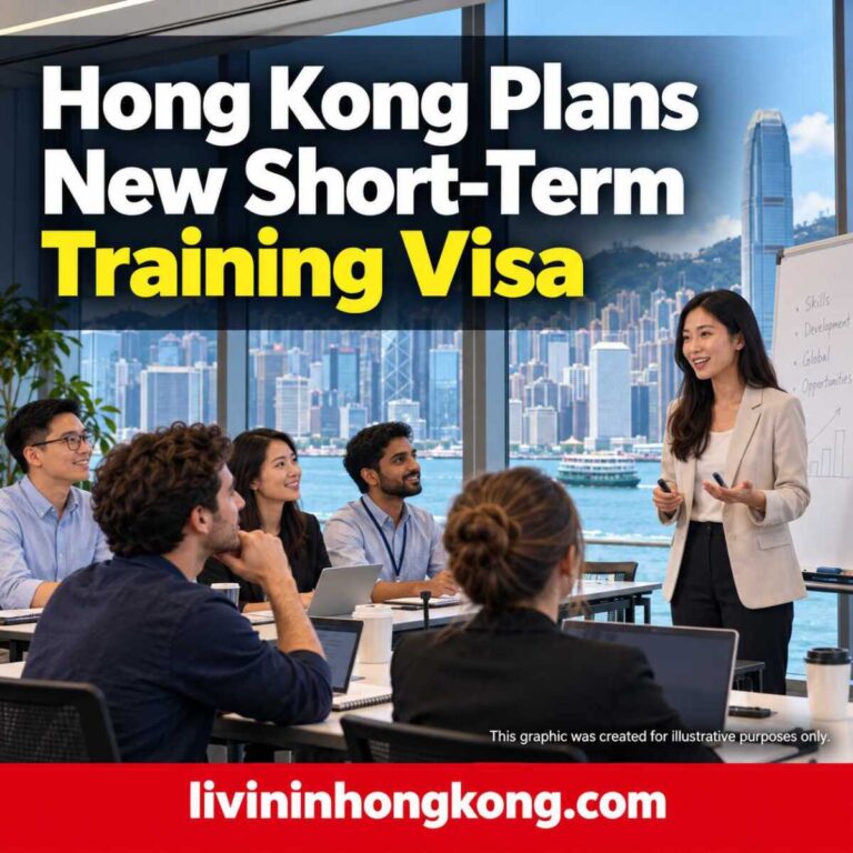 Illustrative training workshop in Hong Kong with the headline: Hong Kong Plans New Short-Term Training Visa.