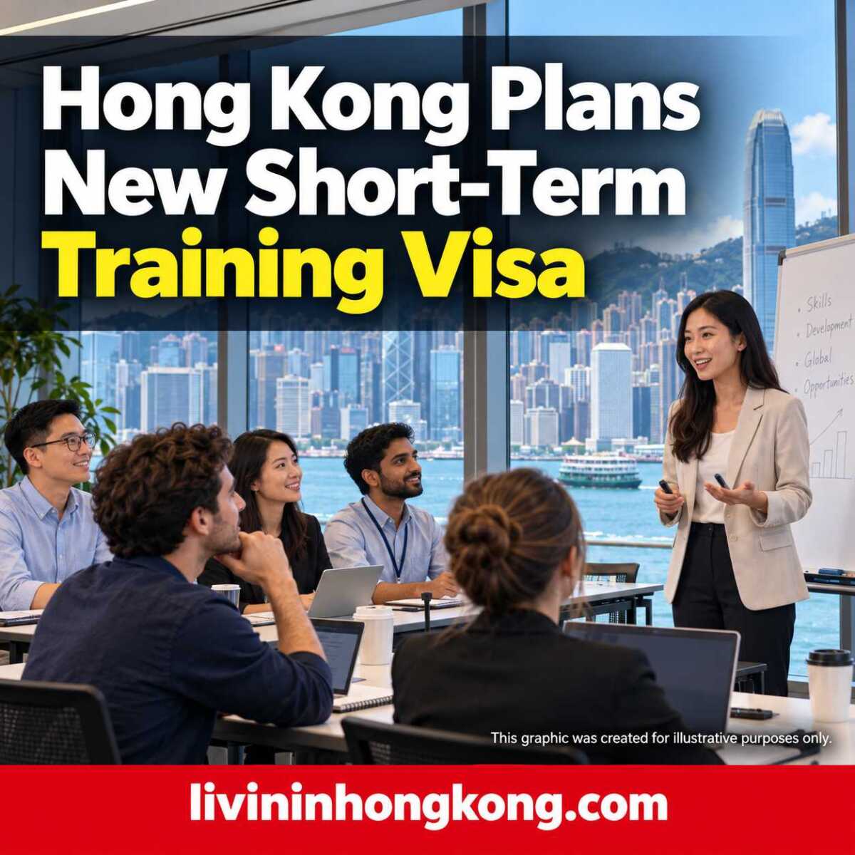 Illustrative training workshop in Hong Kong with the headline: Hong Kong Plans New Short-Term Training Visa.