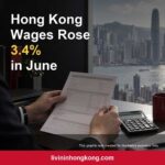 Illustrative graphic of a worker reviewing a payslip against the Hong Kong skyline, with headline Hong Kong Wages Rose 3.4% in June.
