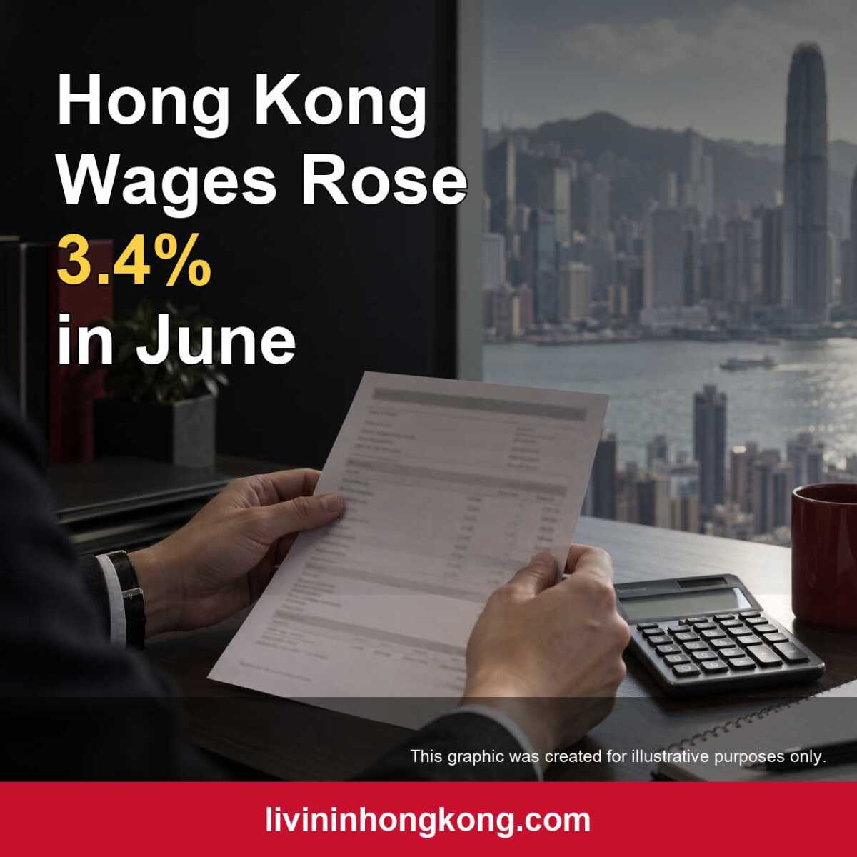 Illustrative graphic of a worker reviewing a payslip against the Hong Kong skyline, with headline Hong Kong Wages Rose 3.4% in June.