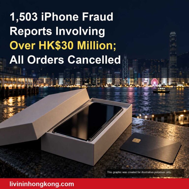 Illustration of a smartphone box and credit card with Hong Kong skyline, accompanying report on 1,503 suspected iPhone card fraud cases