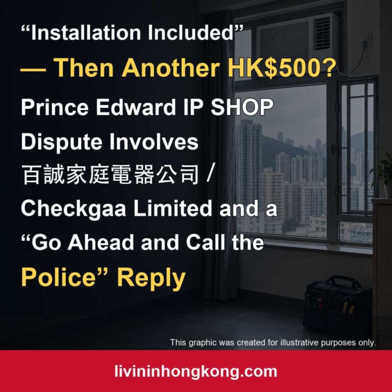 Illustrative Hong Kong apartment with a window air conditioner and the English headline about the IP SHOP HK$500 installation dispute