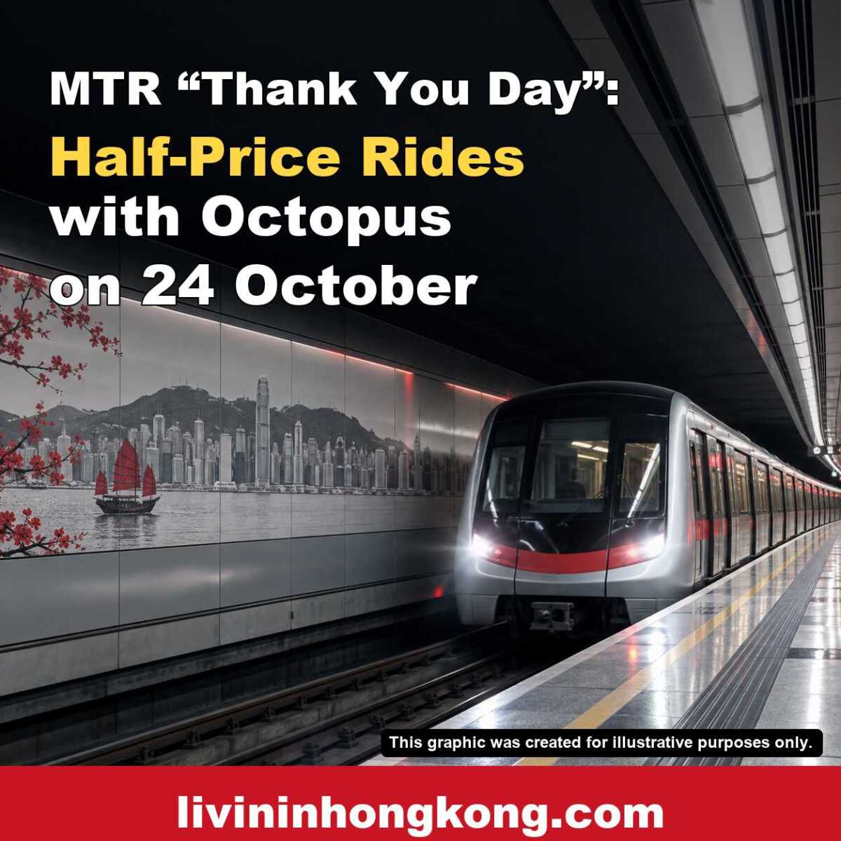 Illustrative MTR train graphic: MTR Thank You Day half-price rides with Octopus on 24 October
