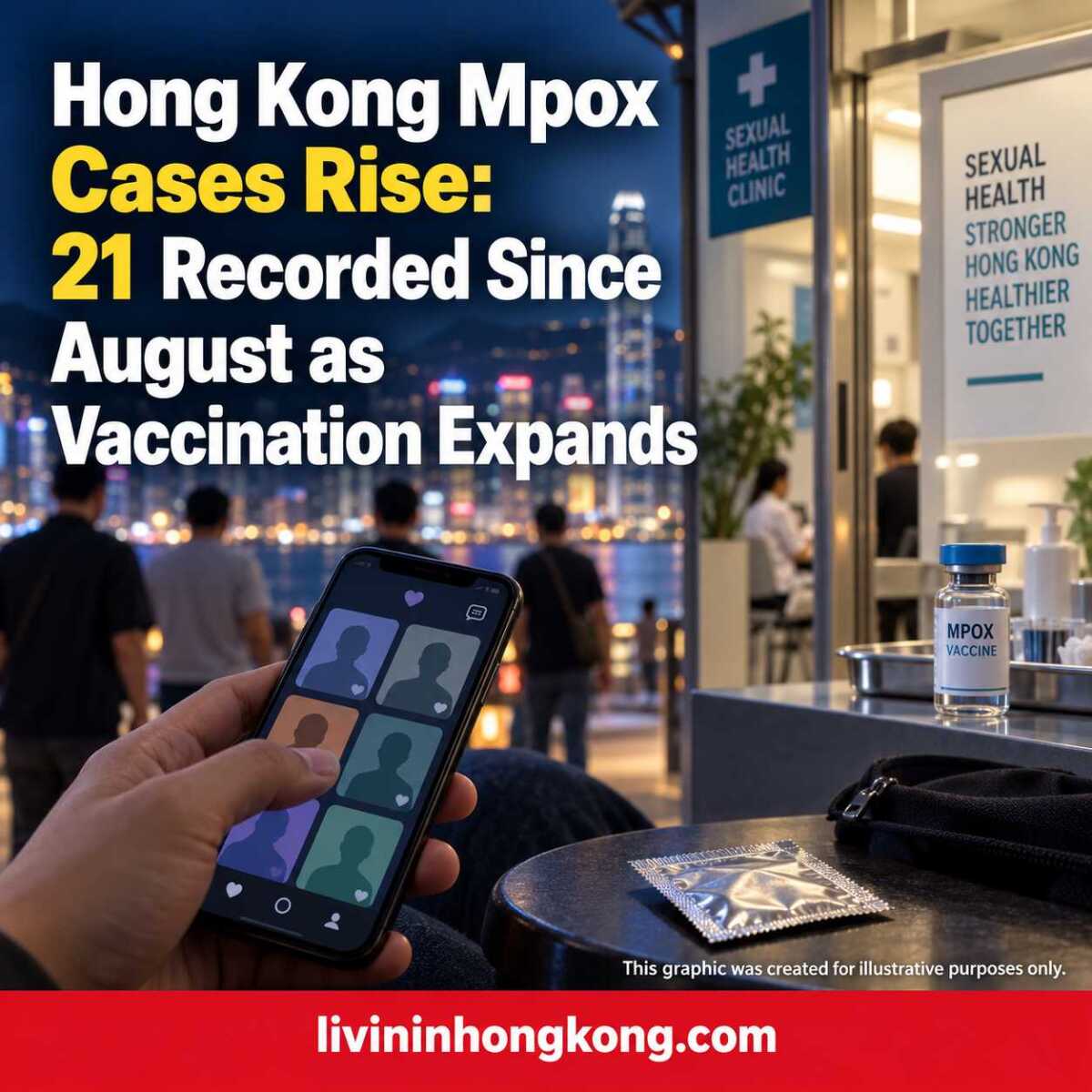 Illustrative Hong Kong mpox news graphic with dating-app, sexual-health clinic and vaccination imagery. Hong Kong Mpox Cases Rise: 21 Recorded Since August as Vaccination Expands