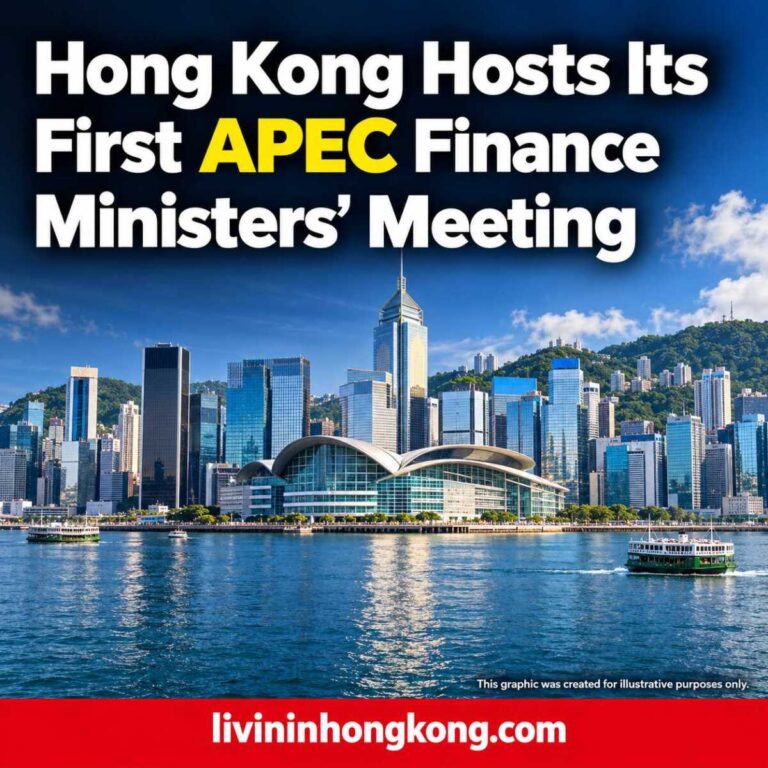 AI illustration of Hong Kong’s Wan Chai waterfront with the headline: Hong Kong Hosts Its First APEC Finance Ministers’ Meeting