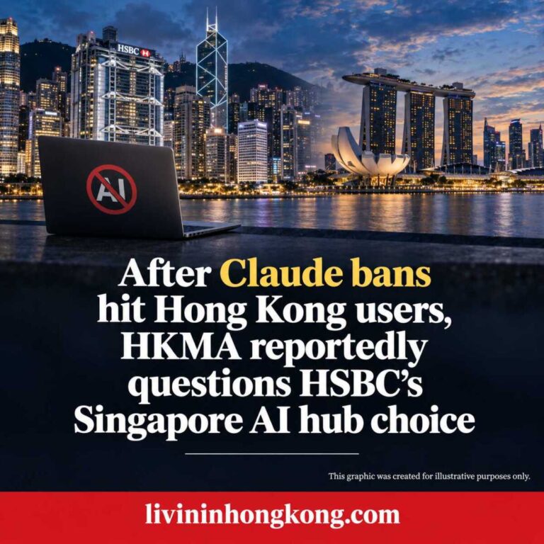 Illustrative Hong Kong and Singapore skyline composite with an AI restriction symbol and the headline: After Claude bans hit Hong Kong users, HKMA reportedly questions HSBC’s Singapore AI hub choice