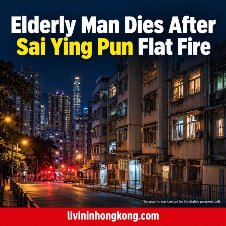 AI illustration of a generic Hong Kong residential street at night with the headline: Elderly Man Dies After Sai Ying Pun Flat Fire
