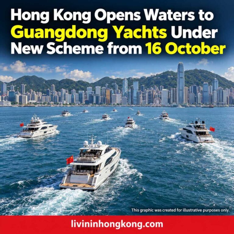 Illustrative fleet of Guangdong yachts sailing towards the Hong Kong skyline, with the approved scheme launch headline.