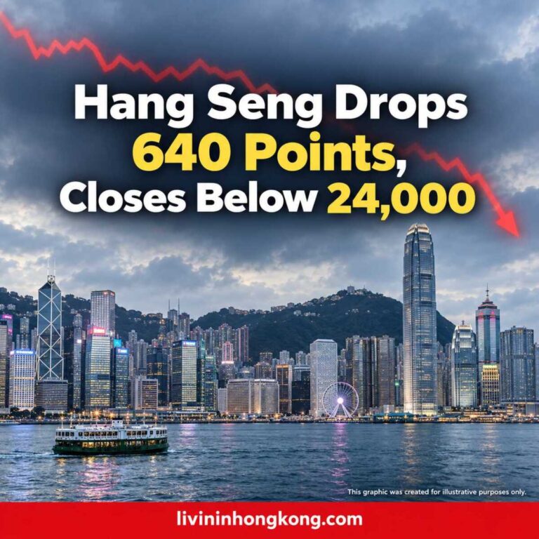 Illustrative Hong Kong skyline with the headline: Hang Seng Drops 640 Points, Closes Below 24,000