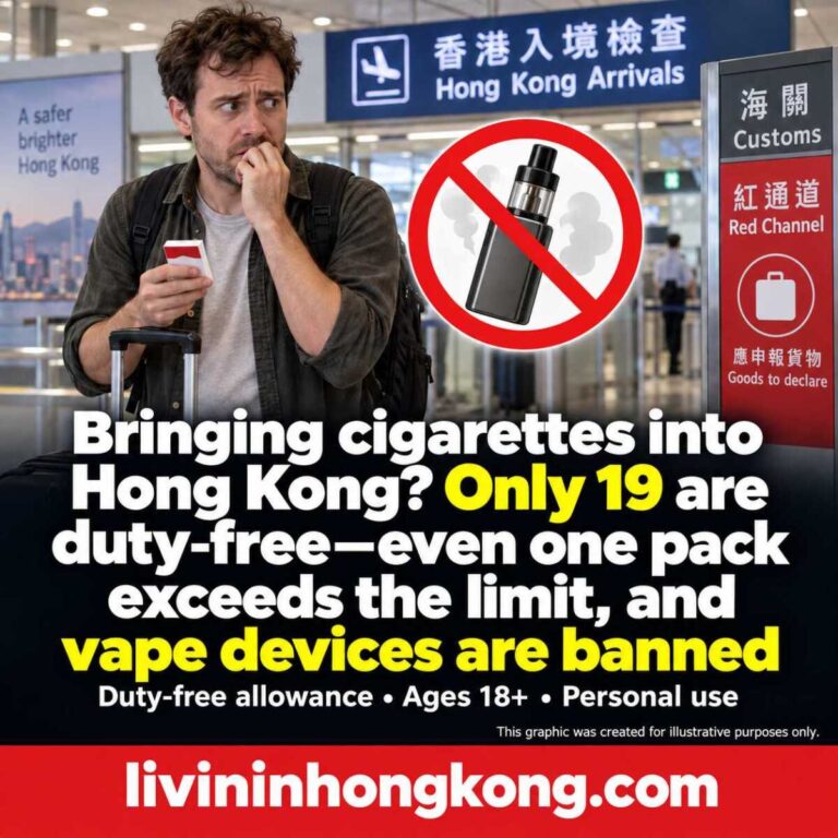 Illustration of a worried visitor at Hong Kong arrivals, highlighting the 19-cigarette duty-free allowance and vape import ban.
