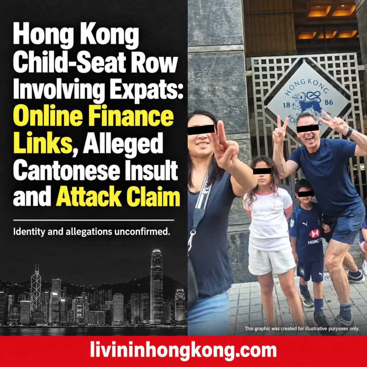 News thumbnail using a video still with the eyes of adults and children masked; identity and allegations unconfirmed.