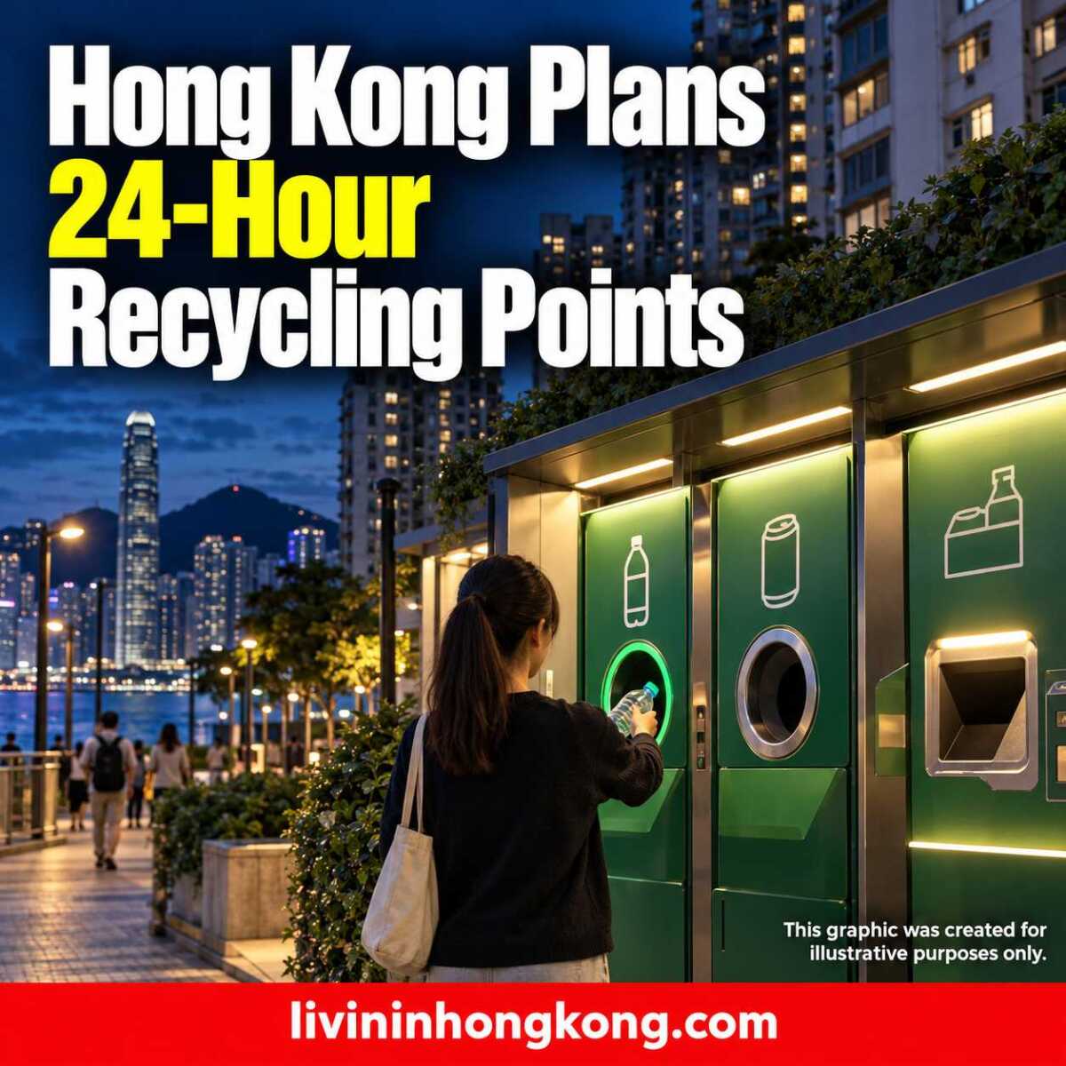 Illustrative Hong Kong recycling kiosks at night, with the headline Hong Kong Plans 24-Hour Recycling Points.
