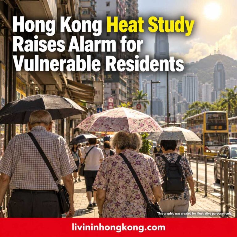 Illustrative Hong Kong street scene with older pedestrians under umbrellas in hot weather; headline about heat research.