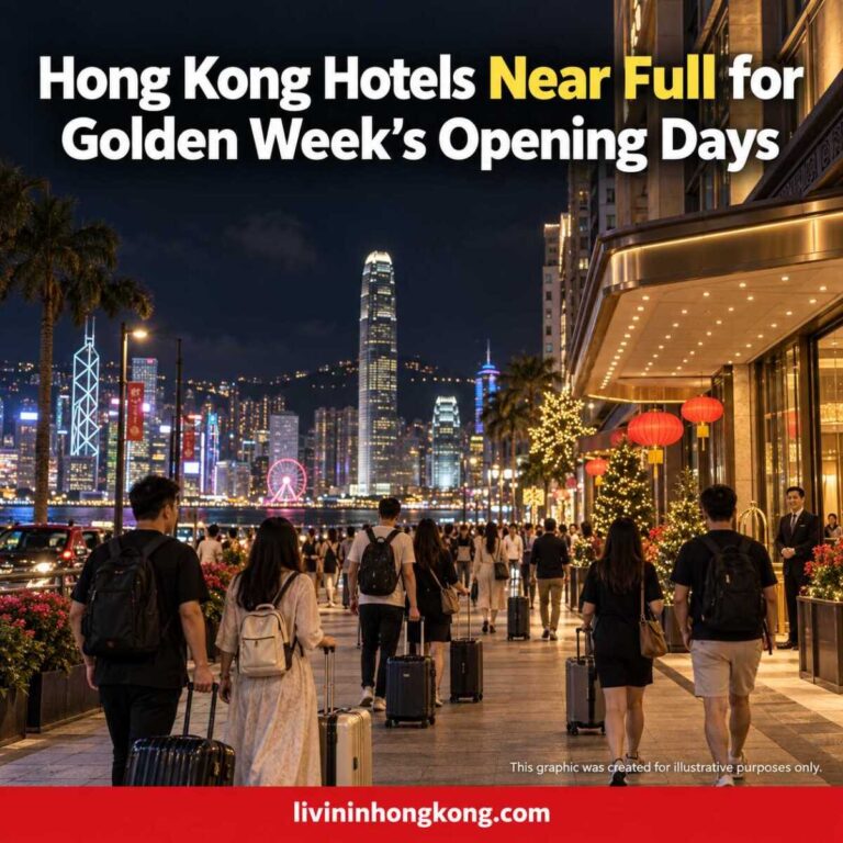 Illustrative Hong Kong hotel district during Golden Week, with travellers and the article headline