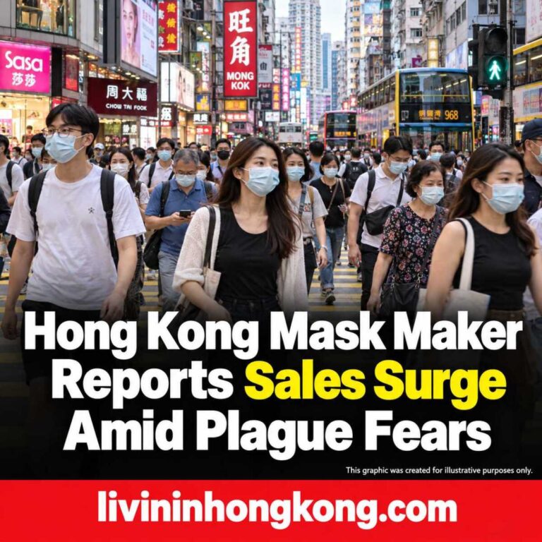 AI illustration of masked pedestrians on a busy Hong Kong street, with the article headline.