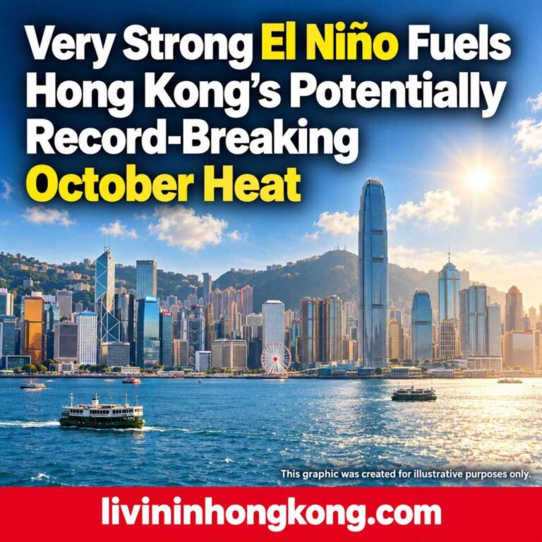 AI illustration of Hong Kong harbour in warm sunshine, with the approved October heat headline.