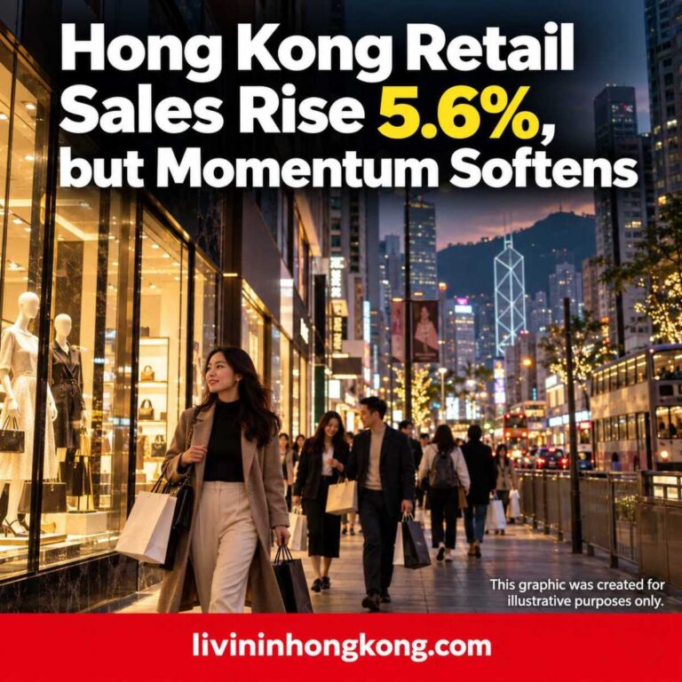 Illustrative Hong Kong shopping street with shoppers. Hong Kong Retail Sales Rise 5.6%, but Momentum Softens