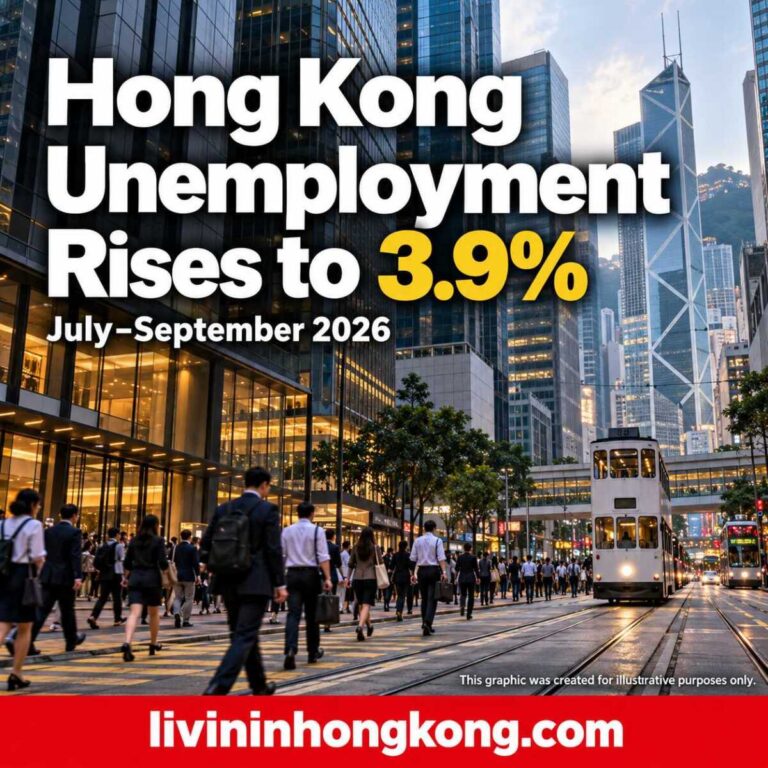 Illustrative Hong Kong commuters with headline: Hong Kong Unemployment Rises to 3.9%, July–September 2026.