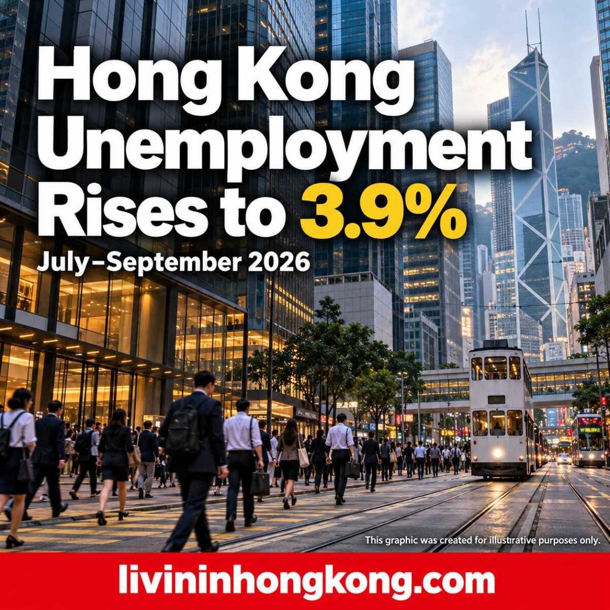 Illustrative Hong Kong commuters with headline: Hong Kong Unemployment Rises to 3.9%, July–September 2026.
