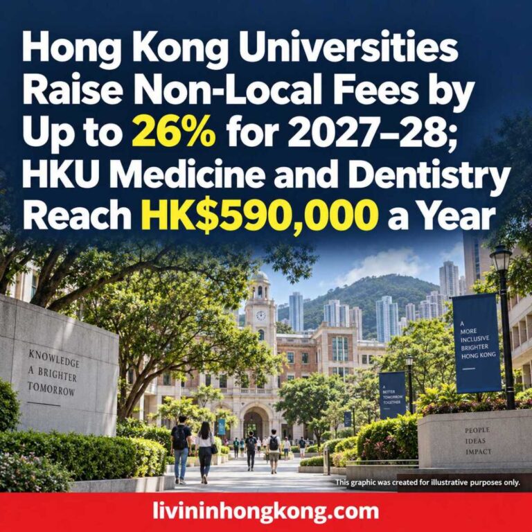Illustrative Hong Kong university campus with the headline on 2027–28 non-local tuition fees.