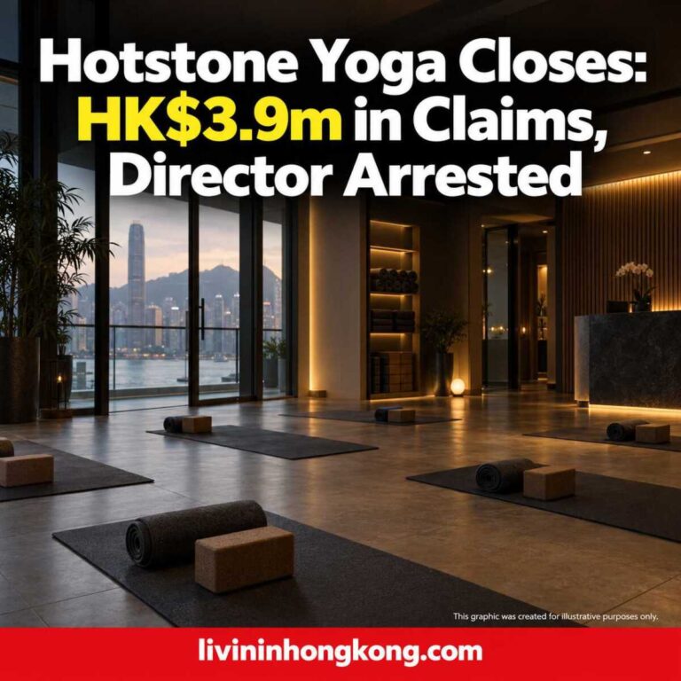 Illustrative empty yoga studio with the headline Hotstone Yoga Closes: HK$3.9m in Claims, Director Arrested