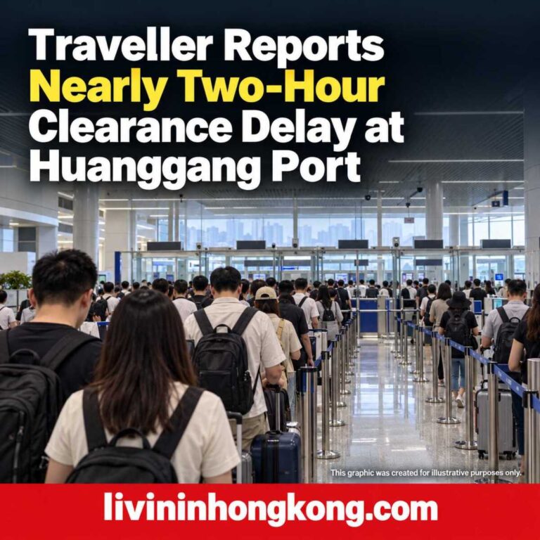AI illustration of travellers queueing in a border terminal, with the headline: Traveller Reports Nearly Two-Hour Clearance Delay at Huanggang Port
