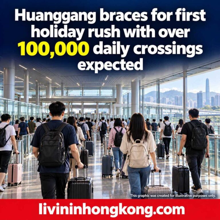 Illustrative border terminal and travellers, with the headline: Huanggang braces for first holiday rush with over 100,000 daily crossings expected