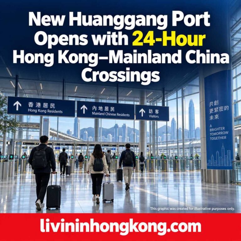 Illustrative modern border terminal graphic: New Huanggang Port Opens with 24-Hour Hong Kong–Mainland China Crossings