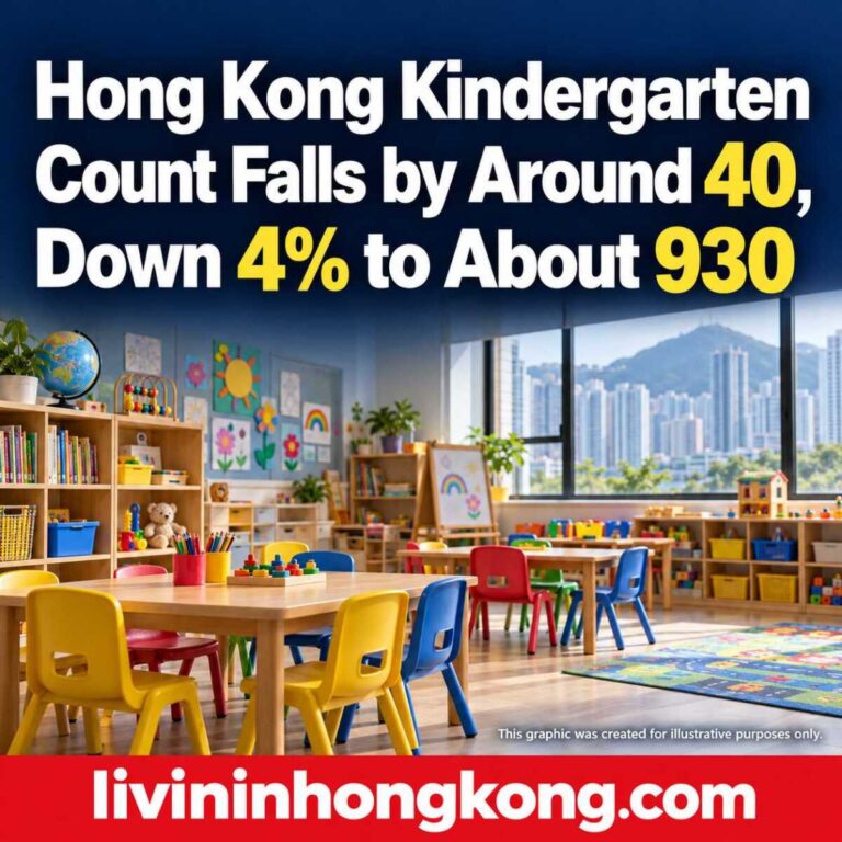 Illustrative Hong Kong kindergarten classroom with the headline: Hong Kong Kindergarten Count Falls by Around 40, Down 4% to About 930
