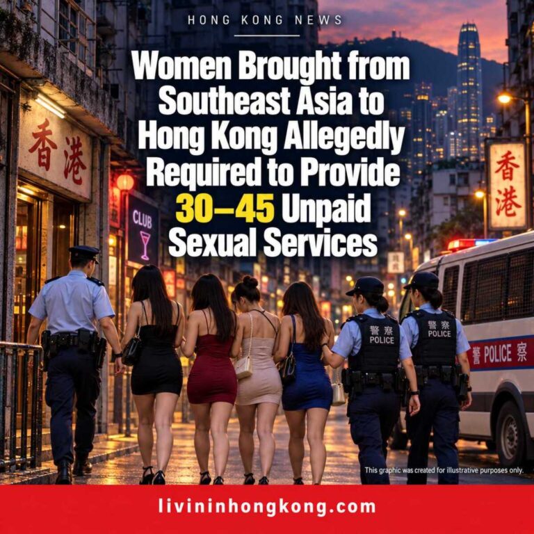 Illustrative graphic of fictional adult women escorted by police on a Hong Kong street, with the approved article headline.