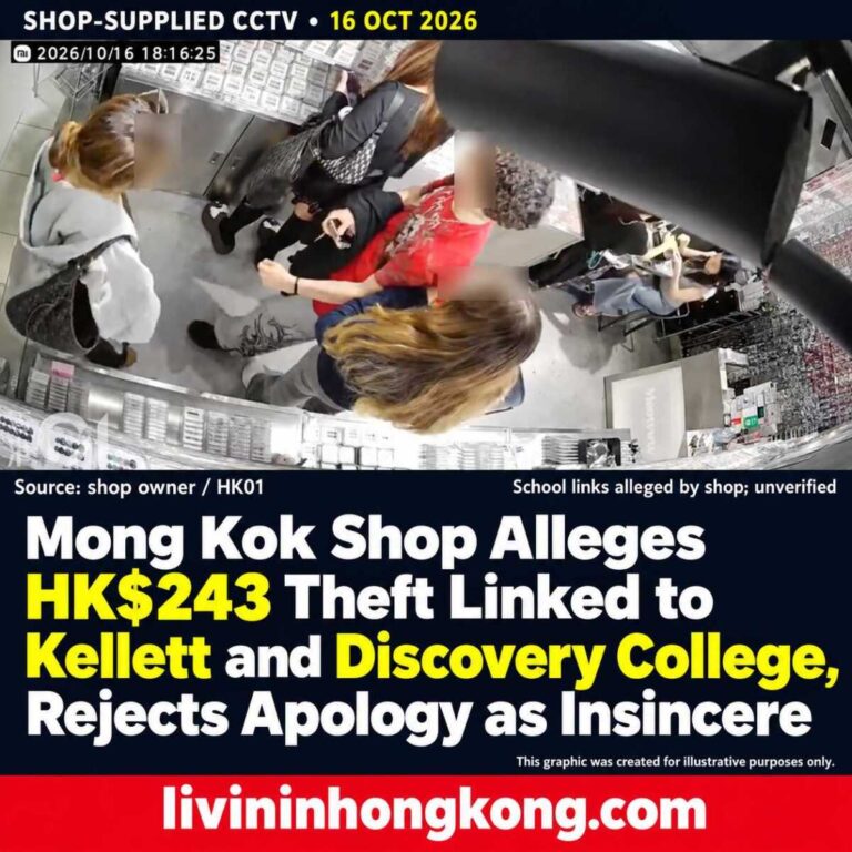 News graphic using shop-supplied CCTV with faces blurred, reporting an alleged HK$243 theft and unverified school links.