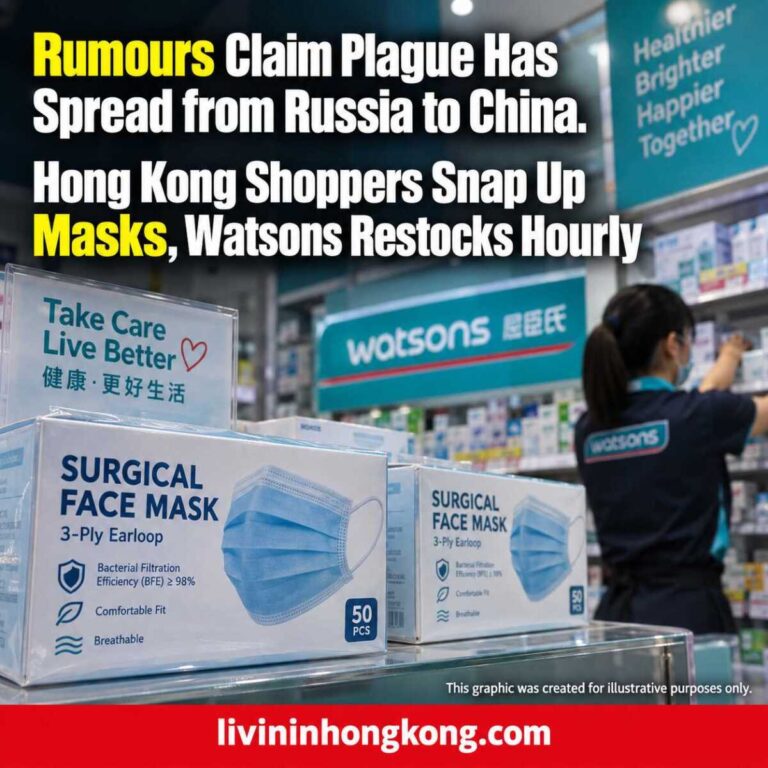 Illustrative pharmacy mask restocking scene with the approved headline about unverified plague claims and Watsons mask demand.