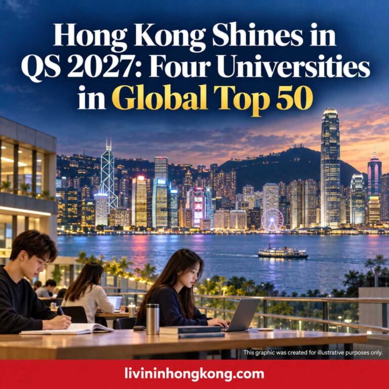 Illustrative Hong Kong skyline and students, with headline: Hong Kong Shines in QS 2027: Four Universities in Global Top 50