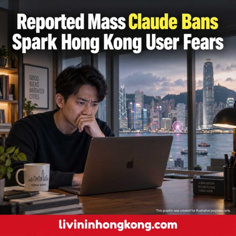 Illustrative graphic: Reported Mass Claude Bans Spark Hong Kong User Fears, with a concerned laptop user and Hong Kong skyline.