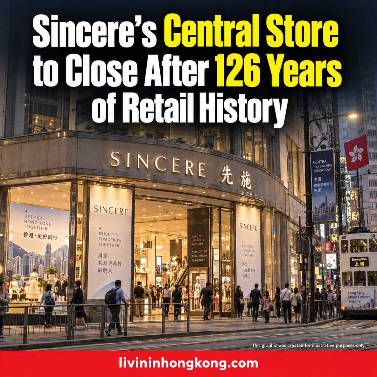 Illustrative graphic of a Hong Kong department-store entrance announcing Sincere’s planned Central branch closure.