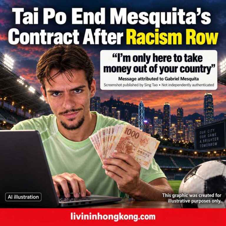 AI illustration of Gabriel Mesquita typing and holding cash, with an attributed social media message and Tai Po contract termination headline.