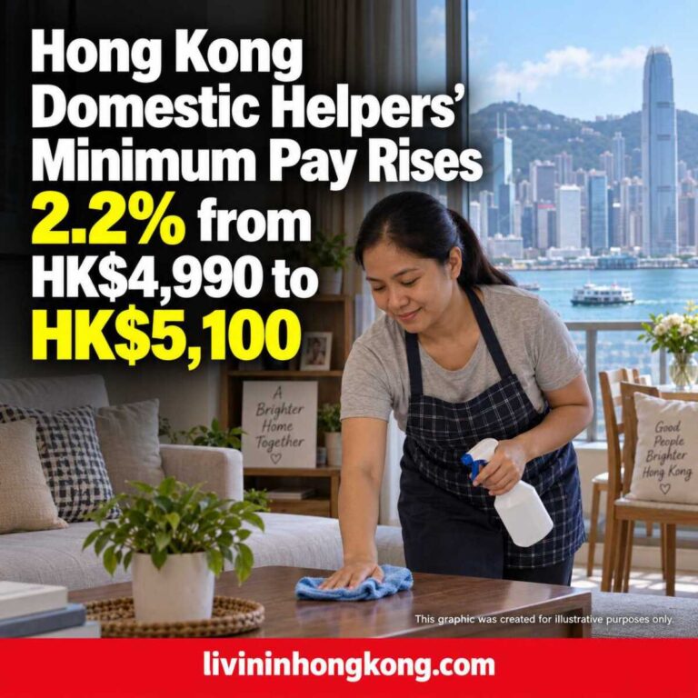 Illustrative Hong Kong domestic helper at work, with the headline: Hong Kong Domestic Helpers’ Minimum Pay Rises 2.2% from HK$4,990 to HK$5,100