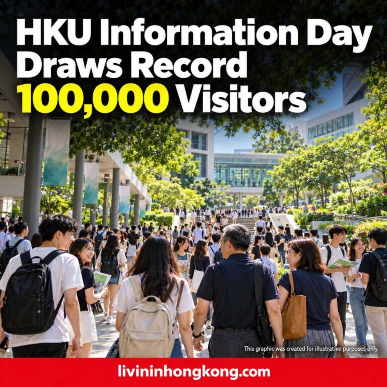 Illustrative university campus crowd with the headline: HKU Information Day Draws Record 100,000 Visitors