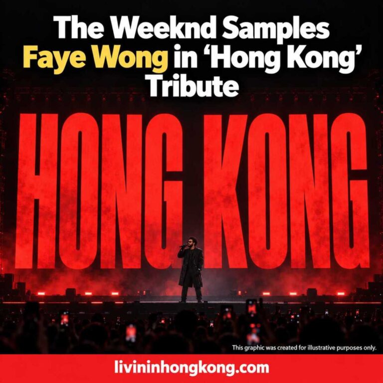 AI illustration of The Weeknd beneath huge red HONG KONG stage lettering.