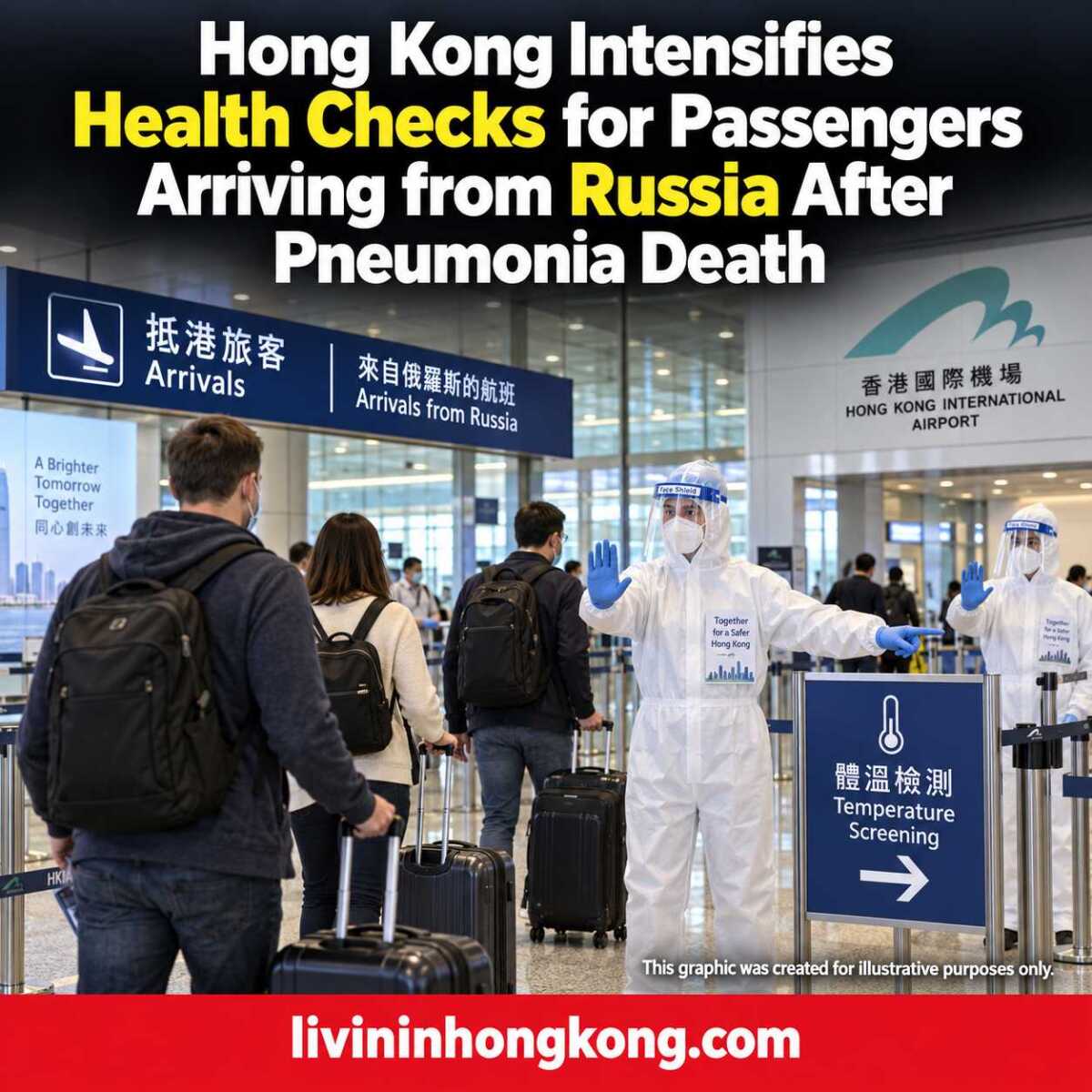 Illustrative graphic of PPE-clad health staff directing passengers arriving from Russia to screening at Hong Kong airport.