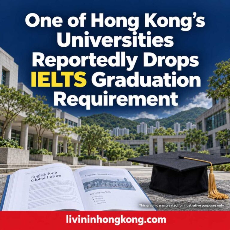 Illustrative university scene with the headline: One of Hong Kong’s Universities Reportedly Drops IELTS Graduation Requirement