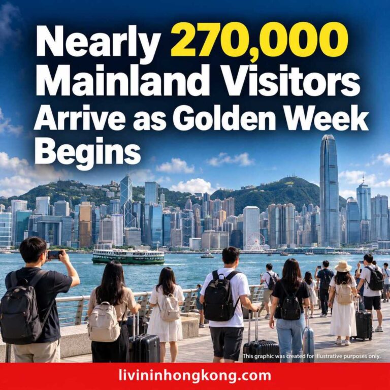 Illustrative Hong Kong waterfront with travellers and the headline: Nearly 270,000 Mainland Visitors Arrive as Golden Week Begins