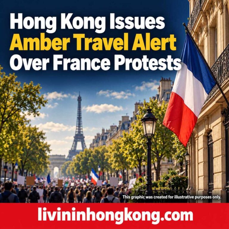 AI illustration of a French city and demonstration, with the headline: Hong Kong Issues Amber Travel Alert Over France Protests